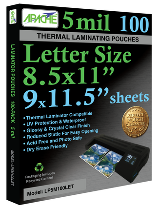 Apache Laminating Pouches, 5 mil, Letter Size, 100 Pack