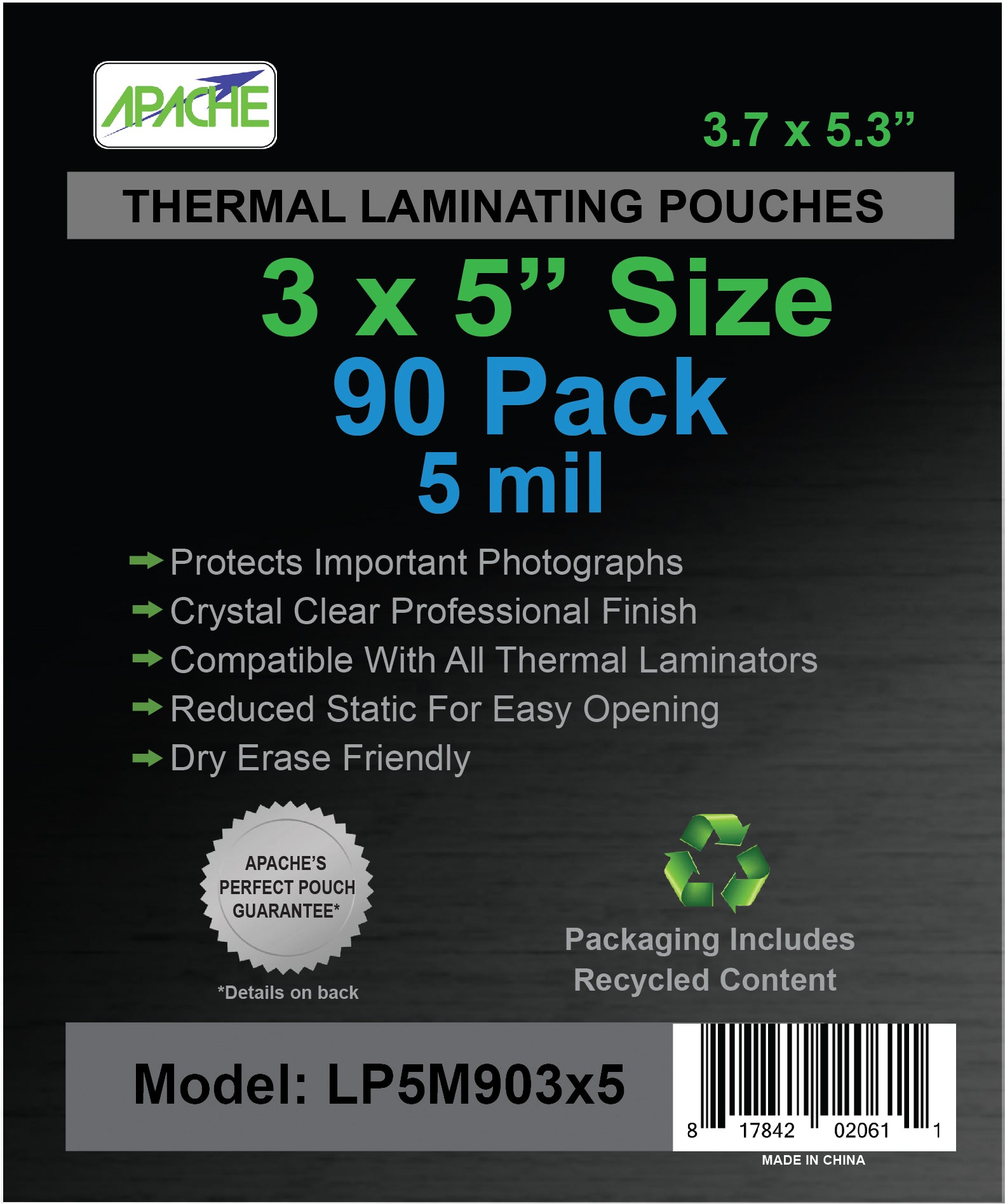 Apache Laminating Pouches, 5 mil, 3x5